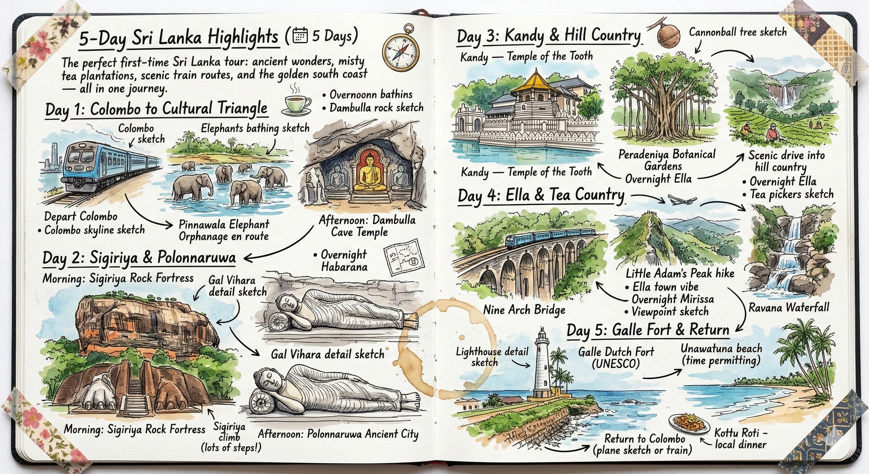 Hand-drawn travel journal illustration of the 5-Day Sri Lanka Highlights itinerary, showing sketches of Colombo, Sigiriya Rock Fortress, Dambulla Cave Temple, Kandy Temple of the Tooth, Ella tea country, Nine Arch Bridge, and Galle Fort